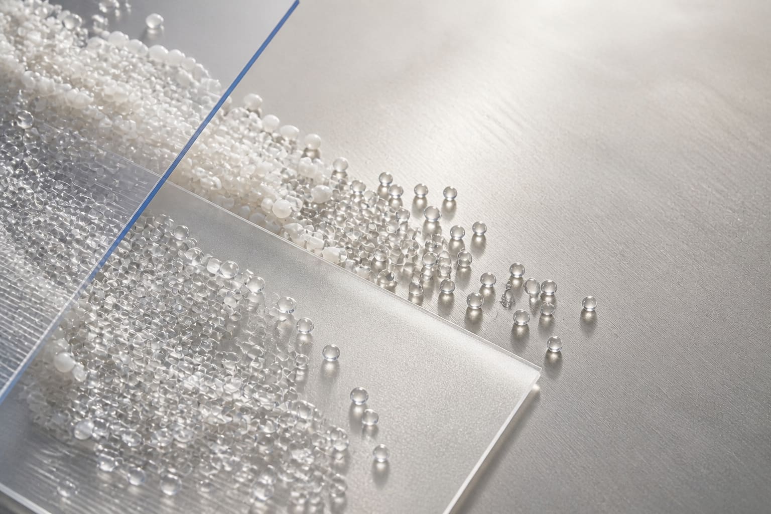 Translucent clear and warm-white resin granules layered across polymer sheets on a soft silver surface