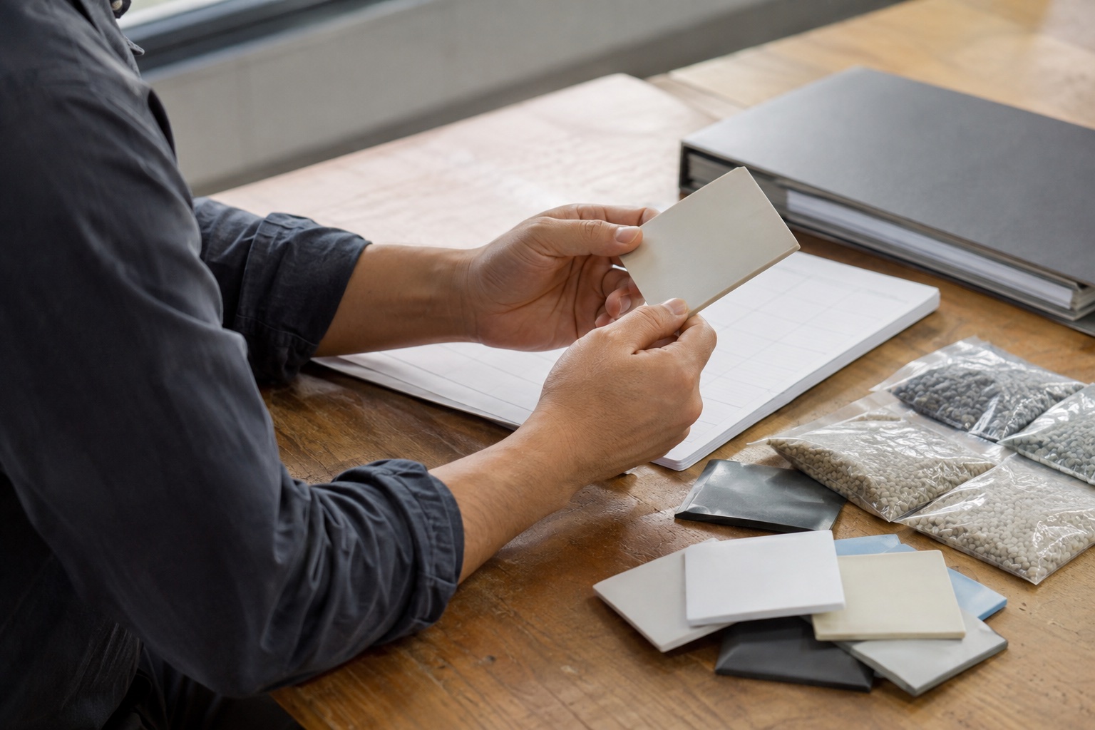 AI illustration of hands examining a plastic material sample beside resin samples and reference materials; not a photograph of Yeter staff or premises.