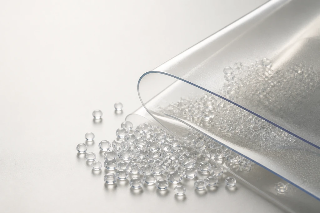 Translucent resin granules beside a clear moulded polymer sheet on a warm-white surface