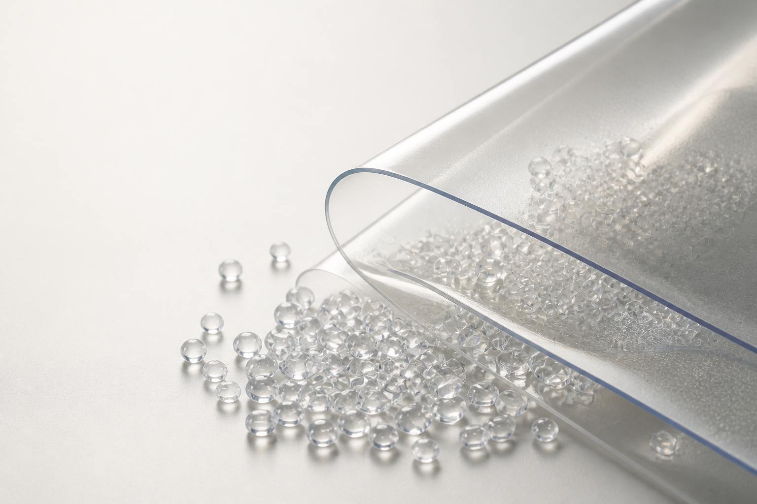 Translucent resin granules beside a clear moulded polymer sheet on a warm-white surface